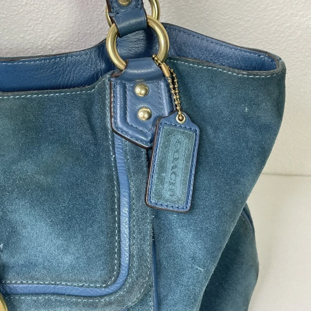 Coach Campbell Belle Teal Suede Leather Purse Carryall Shoulder Bag F1381 F24688